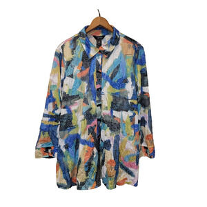 Ali Miles Womens Multicolor Abstract Printed Button Up Textured Tunic Top 1X